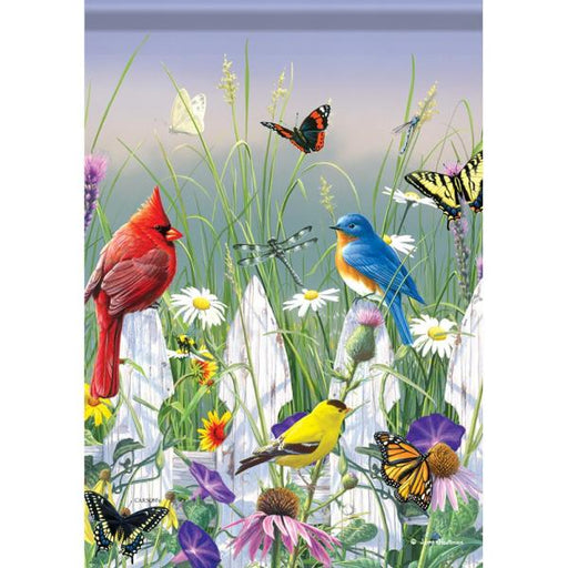Nature scene with birds and butterflies in a garden setting