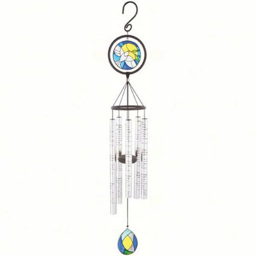Decorative wind chime with colorful glass elements on a white background