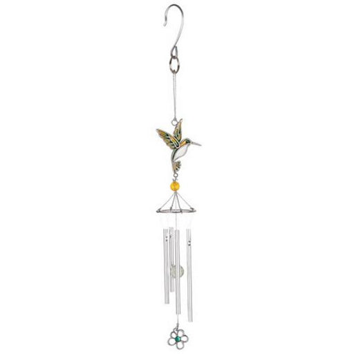 Decorative wind chime with a hummingbird design in white, green and yellow, and flower pendant