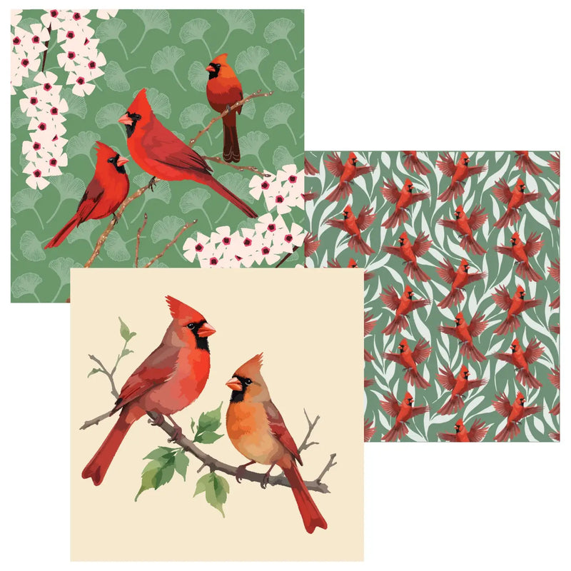 Cardinal bird designs on various backgrounds including floral and leaf patterns.