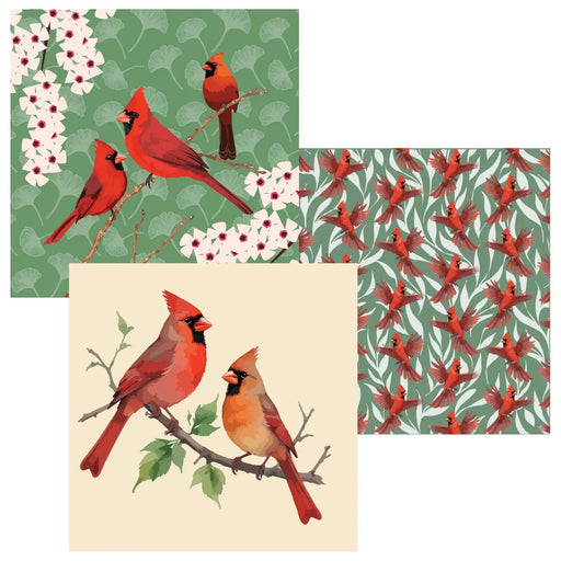 Cardinal bird designs on various backgrounds including floral and leaf patterns.