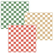 Three checkered patterns in green, red, and beige on a white background