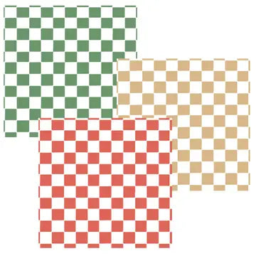 Three checkered patterns in green, red, and beige on a white background