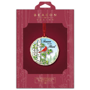 Beacon Design Christmas ornament packaging with a red cardinal perched on birch trees design in a red packaging box