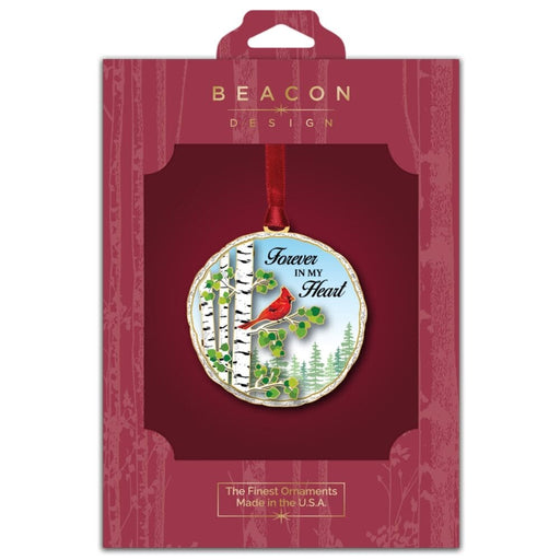 Beacon Design Christmas ornament packaging with a red cardinal perched on birch trees design in a red packaging box
