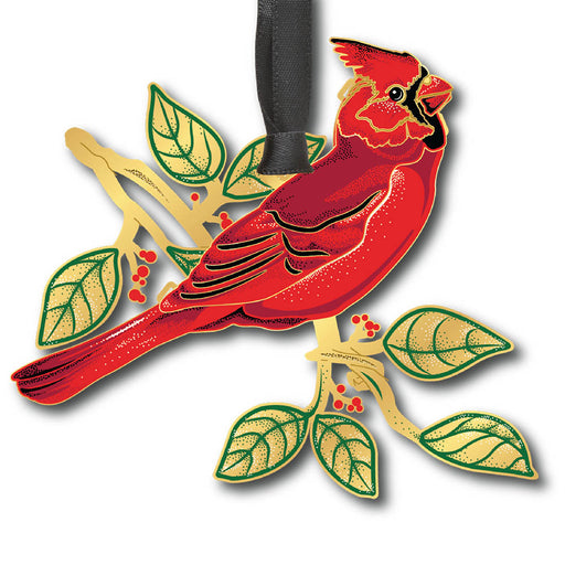 Ornament featuring red cardinal perched on branch