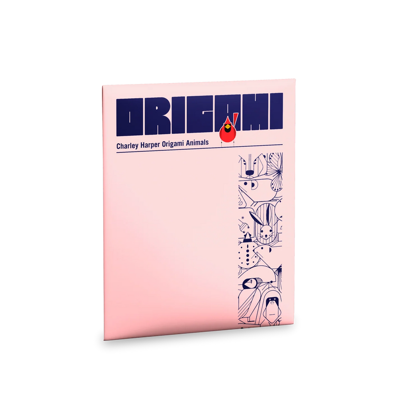 Origami paper package with Charley Harper illustrations on a white background