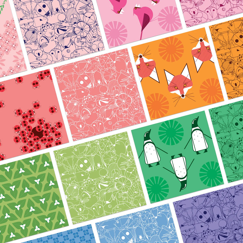 Colorful patterned papers with various designs.