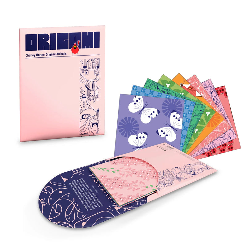 Origami paper set with colorful designs and packaging box on a white background