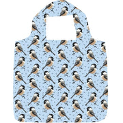Reusable shopping bag with chickadee pattern on a light blue background