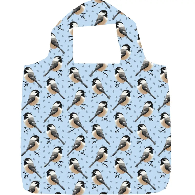 Reusable shopping bag with chickadee pattern on a light blue background