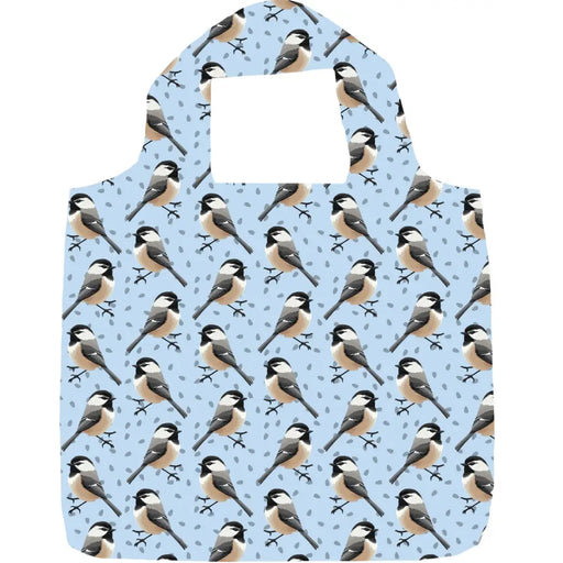 Reusable shopping bag with chickadee pattern on a light blue background
