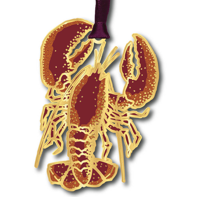 Decorative lobster ornament with a purple ribbon on a white background