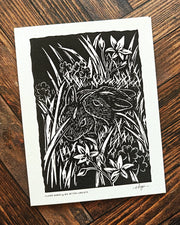 Clover Babies - Linocut Bunnies Card
This is a print of a linocut, not an actual linocut print