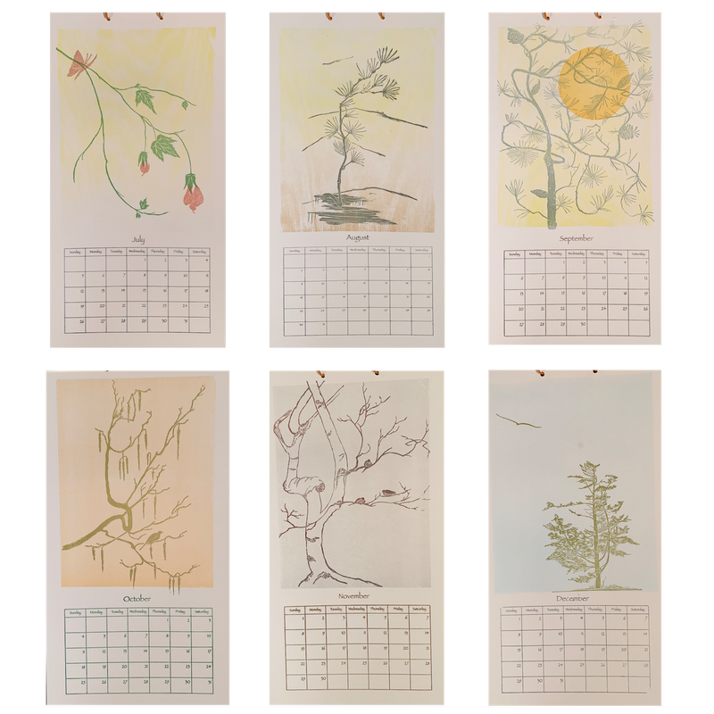 Six calendar pages with botanical illustrations for each month on a white background.