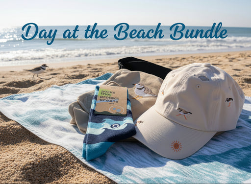 Day at the Beach Bundle items in bundles on a beach towel at the shore. Piping plover running around on the beach in the background
