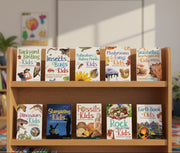 Wooden bookshelf with children's books on a colorful rug