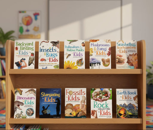 Wooden bookshelf with children's books on a colorful rug