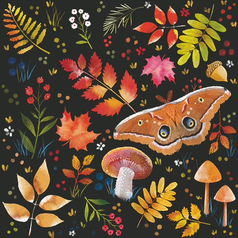 Colorful autumn-themed pattern with leaves, mushrooms, and a butterfly on a black background.