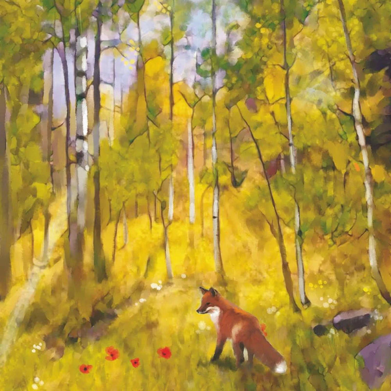 Fox wondering around dreamy green lit forest on napkin