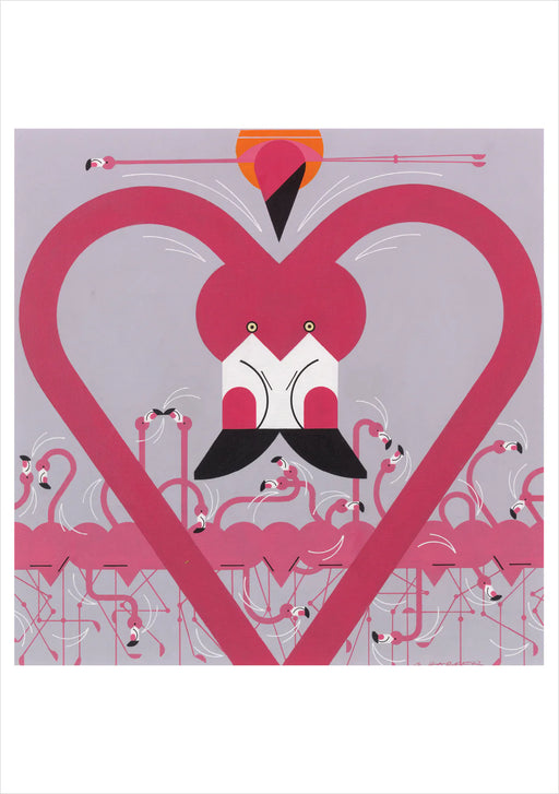 Charley Harper artwork featuring flamingos arranged into heart shaped artistic designs