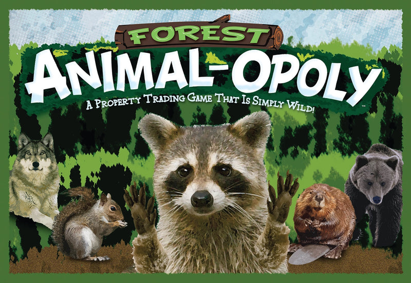 Forest Animal-opoly game cover with raccoon, squirrel, and bear illustrations.
