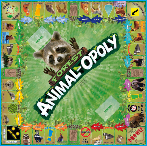 Board game titled 'Forest Animal-opoly' with a raccoon illustration on a green background.