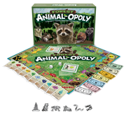 Board game set with 'Forest Animal-Opoly' including board, cards, money, and pieces.
