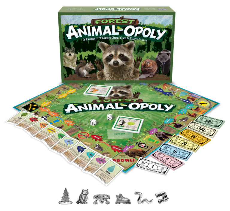 Board game set with 'Forest Animal-Opoly' including board, cards, money, and pieces.