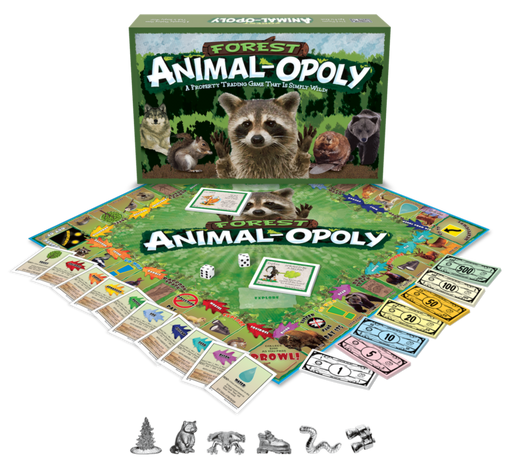 Board game set with 'Forest Animal-Opoly' including board, cards, money, and pieces.