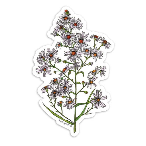 Sticker featuring frost aster light purple flowers and green foliage on white background
