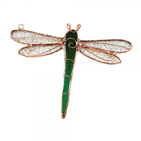 Decorative dragonfly window suncatcher with green body and rose gold wings wire swirls on a white background