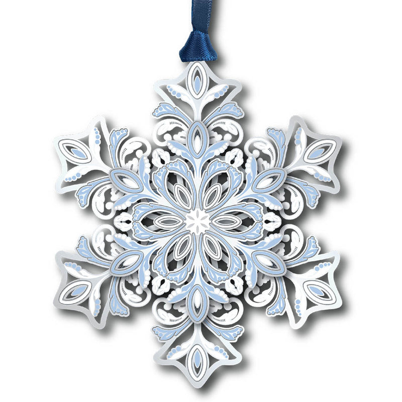 Decorative snowflake ornament with intricate patterns on a white background