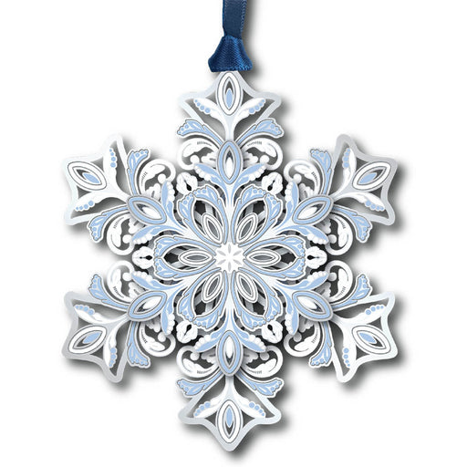 Decorative snowflake ornament with intricate patterns on a white background