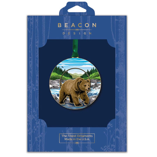 Packaged ornament with grizzly bear design, featuring Beacon Design branding.