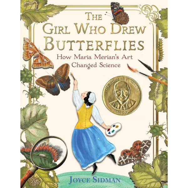 Cover of book features greenery around edges and illustrations of butterflies and caterpillars. Central focus is an artist reaching upwards with a paintbrush. Wearing a white and yellow shirt with a long blue skirt