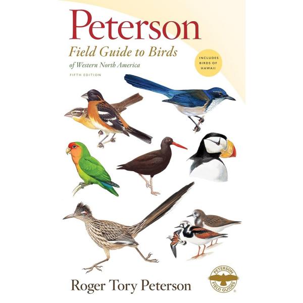 Book cover of 'Peterson Field Guide to Birds of Western North America' with illustrations of various birds.