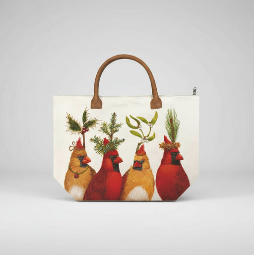 Cream colored tote with faux leather handles featuring four pairs of cardinals all wearing different sprigs of holiday greenery on their head.