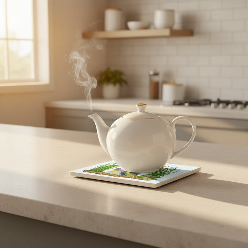 White teapot with steam on a kitchen counter protected by trivet