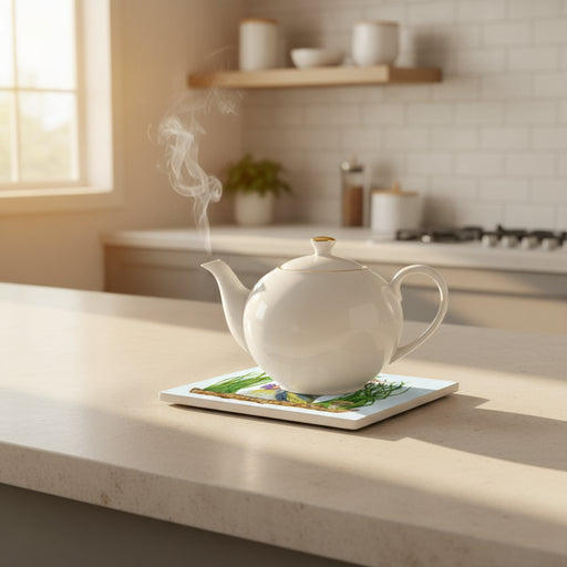 White teapot with steam on a kitchen counter protected by trivet