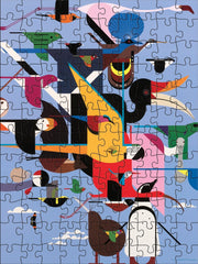 Colorful puzzle with abstract bird artwork on a blue background
