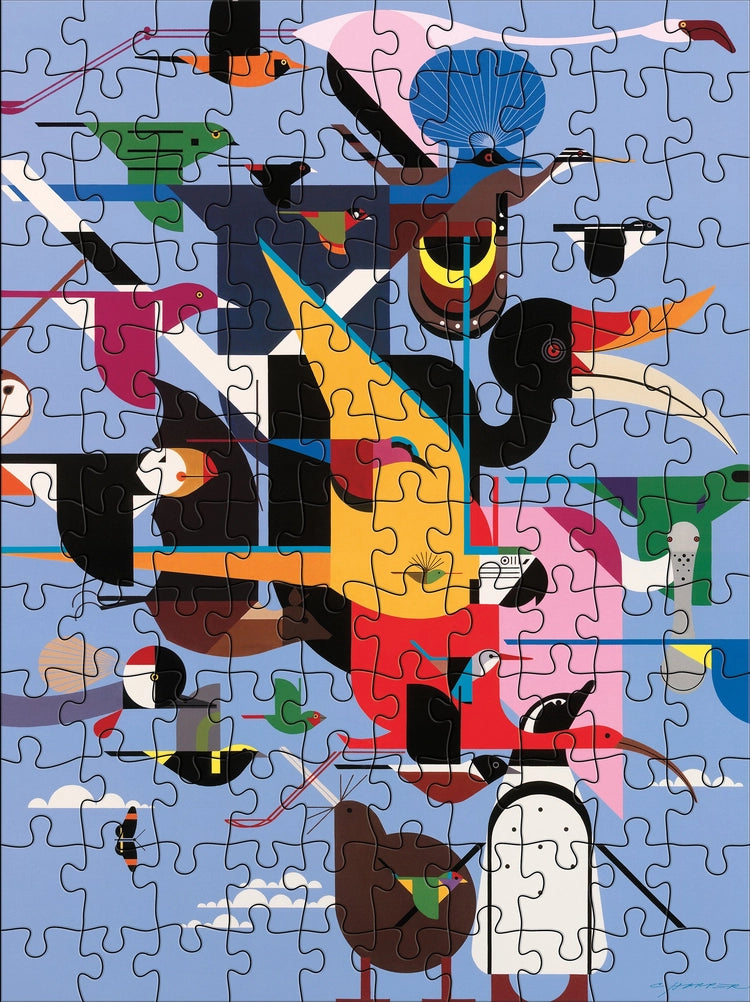 Colorful puzzle with abstract bird artwork on a blue background