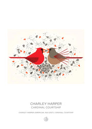 Cardinal Courtship artwork by 'Charley Harper' - abstract painting of a pair of cardinals sharing birdseed