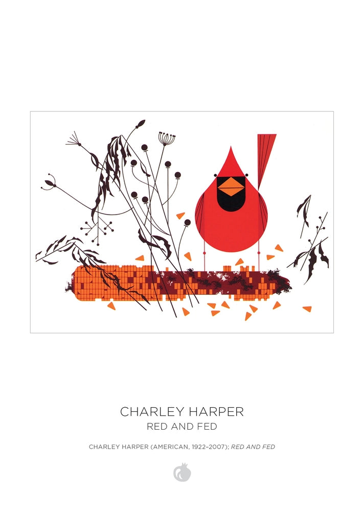Red and Fed illustration by Charley Harper, features a red cardinal and a corncob