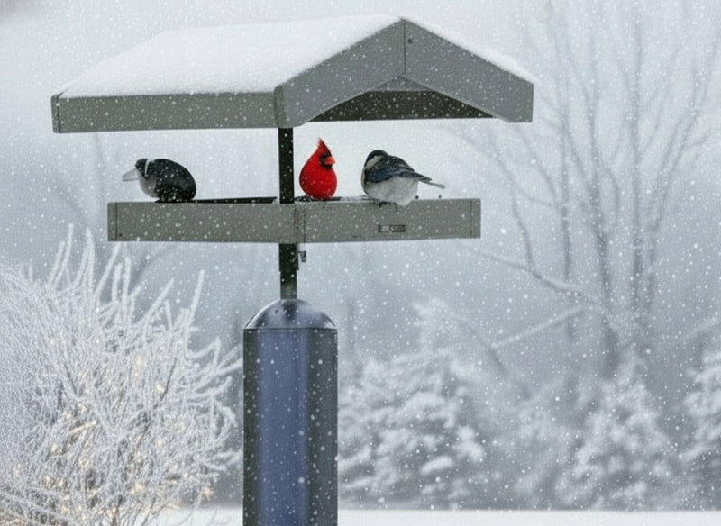 Bird feeder with three birds on a snowy day