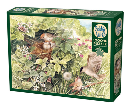 Cobble Hill puzzle box with birds and a nest on a green background