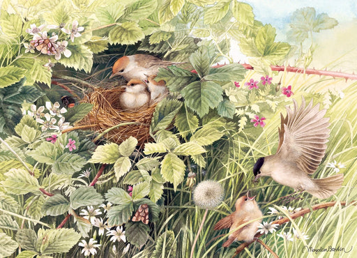 Puzzle artwork by Marjolein Bastin featuring birds in a nest surrounded by a summer meadow setting 