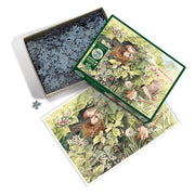 Jigsaw puzzle set with bird and nest design, image shows random cut puzzle pieces