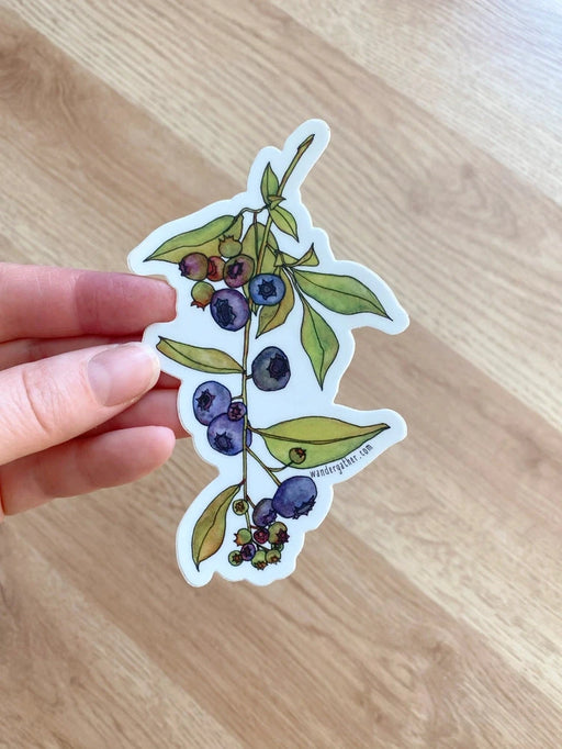 Hand holding a sticker of a blueberry branch 