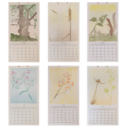 Set of six vertical calendar pages with nature-themed illustrations on a white background.